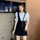 Set: Puff-sleeve Plain Blouse + Jumper Skirt