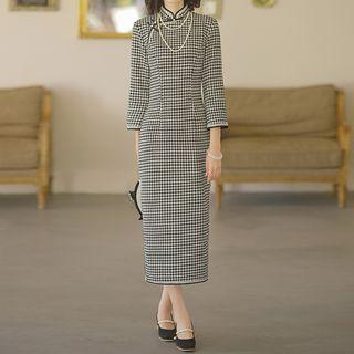 3/4-sleeve Plaid Sheath Qipao