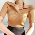 Short Sleeve Collar Ribbed-knit Crop Sweater