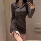 Long-sleeve Hooded Drawstring Mini Bodycon Dress