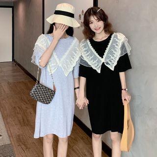 Elbow-sleeve Lace Panel Shift Dress