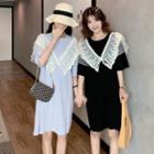 Elbow-sleeve Lace Panel Shift Dress
