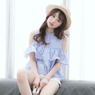 Round Collar Cutout Shoulder Ruffle Trim Shirt