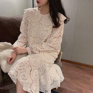 Layered Collar Ruffle Hem Long-sleeve Midi Lace Dress