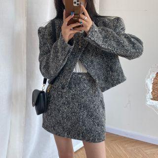 Set: Puff Sleeve Herringbone Cropped Blazer + Mini A-line Skirt Set Of 2: Jacket + Skirt - One Size