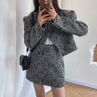 Set: Puff Sleeve Herringbone Cropped Blazer + Mini A-line Skirt Set Of 2: Jacket + Skirt - One Size
