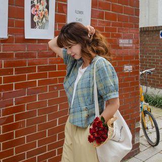 Puff-sleeve Plaid Cropped Jacket