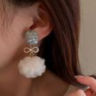 Bow Pom Pom Drop Earring 1 Pair - Blue & White - One Size