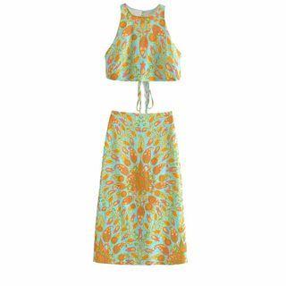 Print Cropped Tank Top / Print Midi Skirt