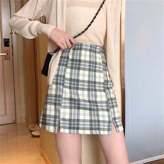 High-waist Plaid Split Hem Mini Skirt