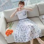 Set: Short-sleeve T-shirt + Fish Print Midi A-line Skirt
