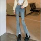 High-waist Lace-up Slit Bell Bottom Jeans