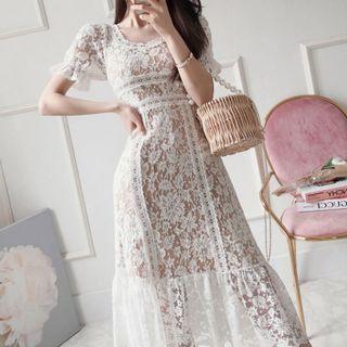 Puff-sleeve Ruffle Hem Lace Midi A-line Dress