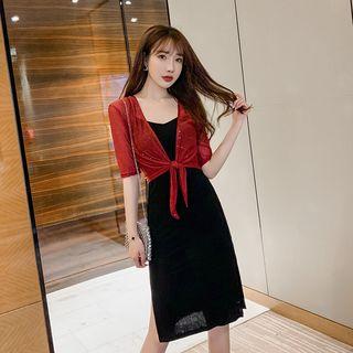 Set: Spaghetti Strap Midi Dress + Short-sleeve Jacket As Shown In Figure - One Size