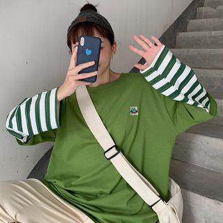 Mock Two-piece Long-sleeve Striped Paneled Embroidered T-shirt