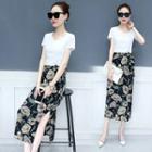 Set: Short-sleeve V-neck T-shirt + Flower Print Midi Skirt