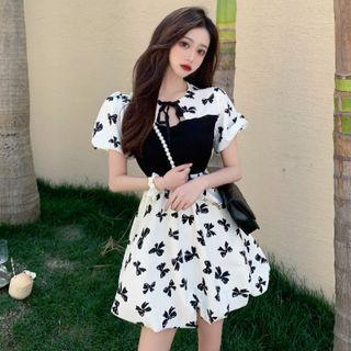 Puff-sleeve Ribbon Print Mini A-line Dress