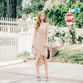 Sleeveless Shirred Midi Wrap Dress