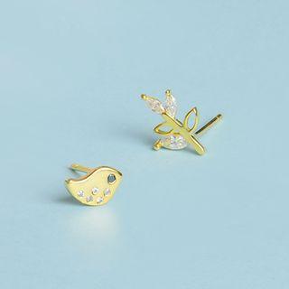Non-matching 925 Sterling Silver Rhinestone Bird & Branches Earring