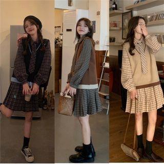 Puff-sleeve Plaid Shirtdress / Knit Sweater Vest