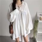 Tie Neck Long-sleeve A-line Dress White - One Size