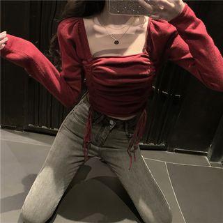 Square-neck Drawstring Long-sleeve Knit Top