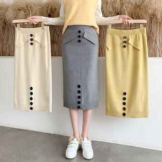 Buttoned Midi Pencil Knit Skirt