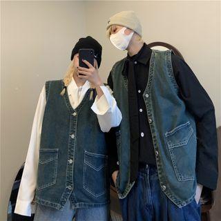 V-neck Front Pocket Denim Vest