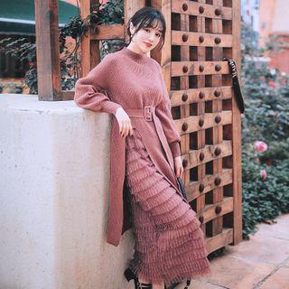 Set: Lantern-sleeve Sweater + Midi Mesh Layered Skirt