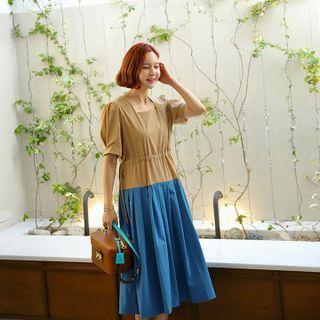 Square-neck Puff-sleeve Color-block Dress