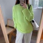 Round-neck Long-sleeve Knit Sweater Neon Yellow - One Size