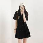 Embroider Button-up Pleated A-line Mini Dress