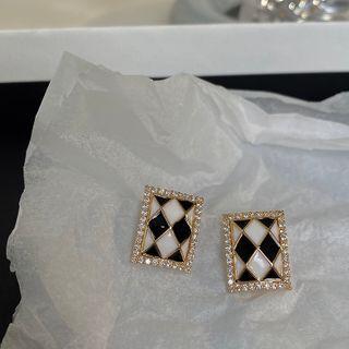 Rhinestone Argyle Stud Earring 1 Pair - Black & White & Gold - One Size