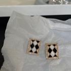 Rhinestone Argyle Stud Earring 1 Pair - Black & White & Gold - One Size