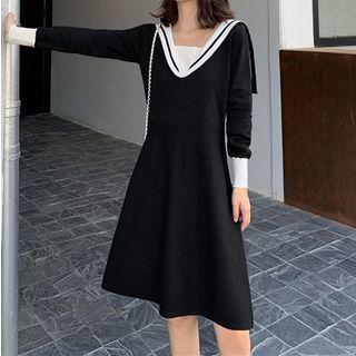 Sailor-collar Ribbed A-line Knit Dress Black - One Size