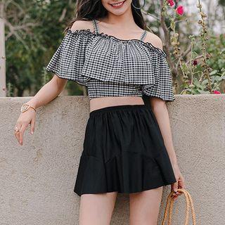 Set: Short-sleeve Gingham Swim Top + Skirt + Bottom
