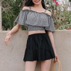 Set: Short-sleeve Gingham Swim Top + Skirt + Bottom
