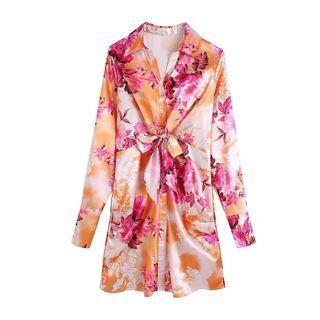 Long-sleeve Flower Print Tie-strap Shirtdress