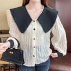 Long-sleeve Contrast Peter Pan Collar Panel Loose Fit Chiffon Blouse