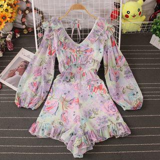 Puff-sleeve Floral Print Ruffled Romper
