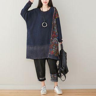 Floral Printed Long-sleeve Crewneck Dress Dark Blue - One Size
