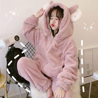Set:bear Accent Hooded Fleece Jacket + Pants Pink - One Size