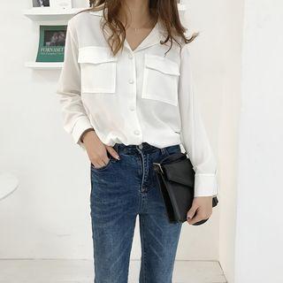 Plain V-neck Long-sleeve Loose-fit Chiffon Shirt