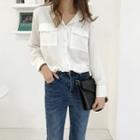 Plain V-neck Long-sleeve Loose-fit Chiffon Shirt