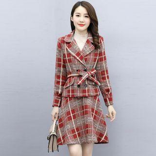 Set: Double Breasted Plaid Blazer + A-line Skirt