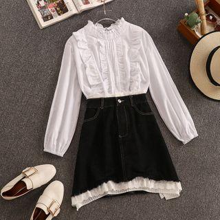 Set: Long-sleeve Ruffle Shirt + Mini A-line Denim Skirt