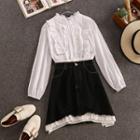 Set: Long-sleeve Ruffle Shirt + Mini A-line Denim Skirt