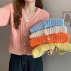 Plain V-neck Cable Knit Long-sleeve Cardigan