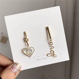 Non-matching Faux Crystal Heart Love Lettering Dangle Earring 1 Pair - Gold - One Size