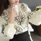 Puff-sleeve Floral Embroidery Sweater